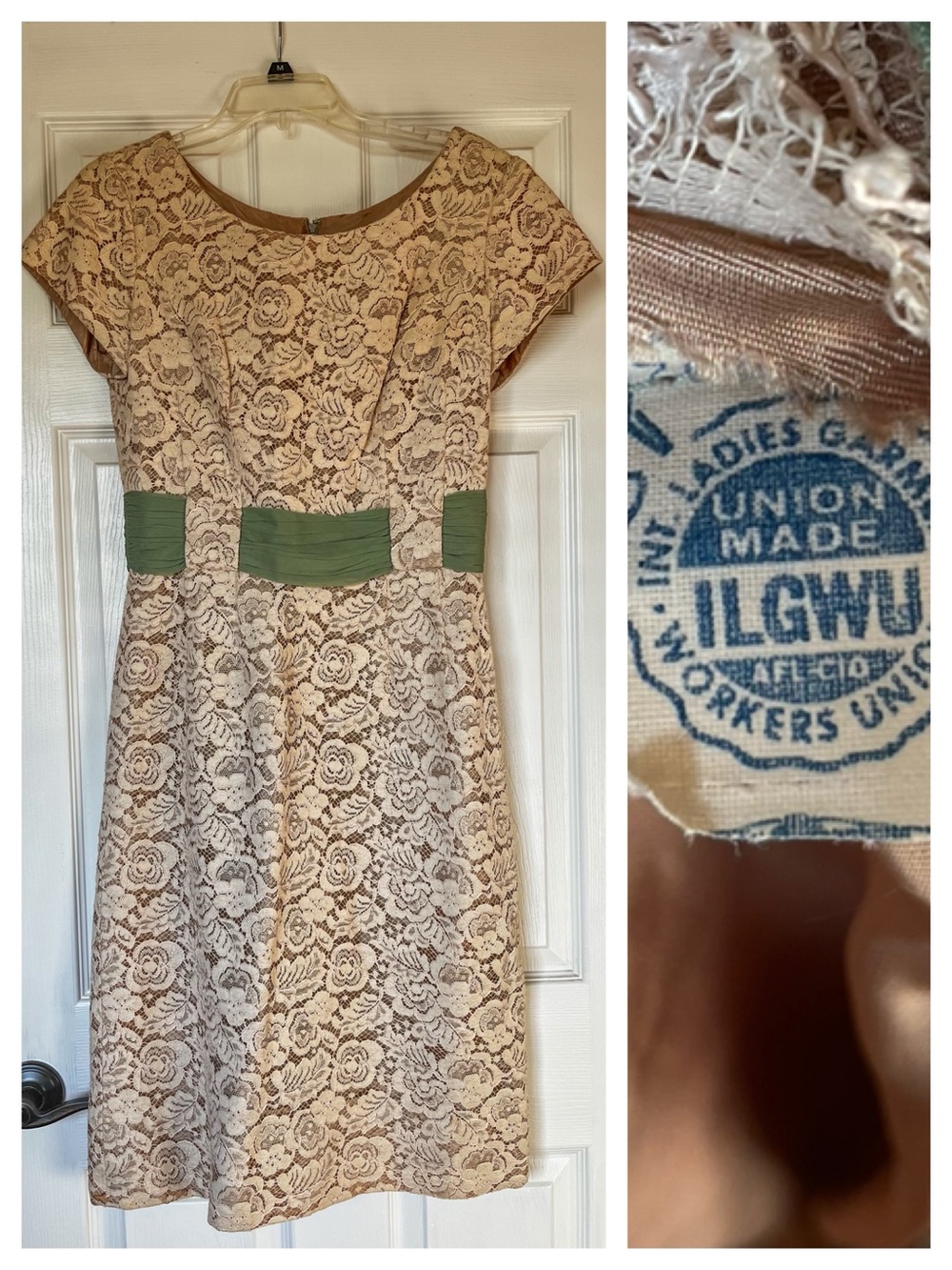 Vintage 1960s Beige Lace Cocktail Dress | ILGWU Union Made